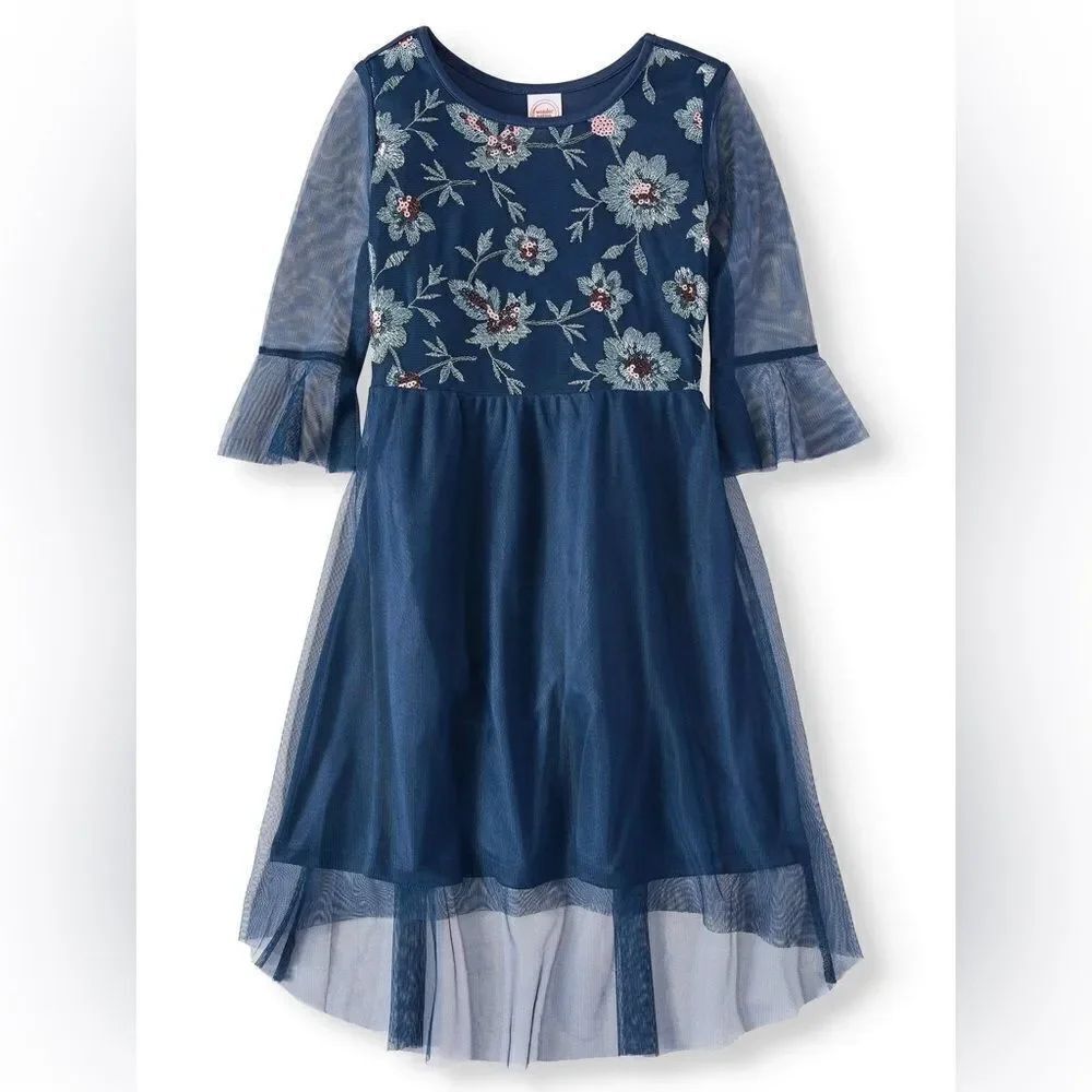 Navy blue lace floral mesh embroidered formalโgirls dress long sleeve L 10-12